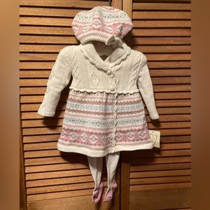 Cream Cable Knit Dress with Pink, Blue & Tan Knitted Bottom/Hat Matching Tights